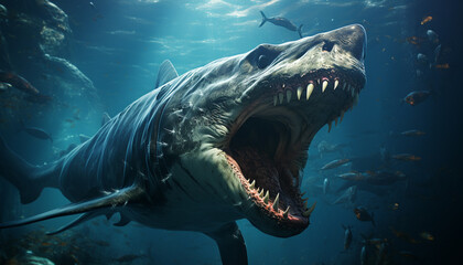 Majestic dinosaur swimming, teeth bared, underwater in blue danger generated by AI
