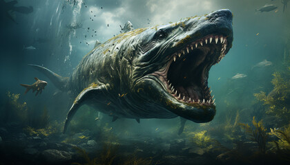 Majestic dinosaur swimming underwater, teeth bared, in a furious motion generated by AI