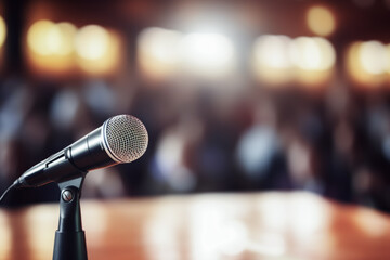 Close up of microphone on the table in background of blurred a conference seminar audience and...