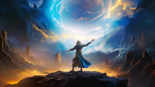 A mage stands on a mountaintop fists clenched as sparks of fire ice wind and earth arc out from their body shaping and blending the elements around them into fantastic shapes and forms.