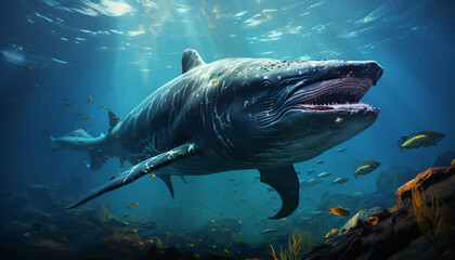 Fototapeta premium Majestic underwater adventure large fish swimming in blue sea generated by AI