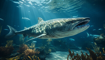 Obraz premium Majestic underwater giant, a sharp toothed dinosaur swimming in fear generated by AI