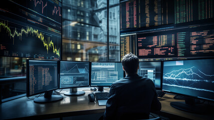 Businessman who is analyzing stock trading graph data or stock charts and indicators on the stock market.