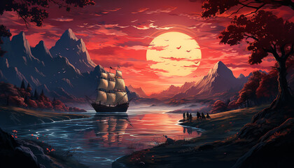 Sailing ship sails through night, nature mystery painted in dusk generated by AI - obrazy, fototapety, plakaty
