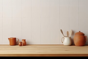 Fototapeta na wymiar Minimal cozy counter mockup design for product presentation background or branding with bright wood counter tile white wall with orange brown jug. Kitchen interior. generative ai.