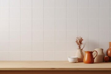 Fototapeta na wymiar Minimal cozy counter mockup design for product presentation background or branding with bright wood counter tile white wall with orange brown jug. Kitchen interior. generative ai.