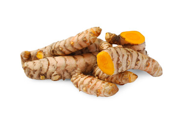 Whole and cut turmeric roots isolated on white
