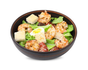 Delicious Caesar salad with shrimps isolated on white