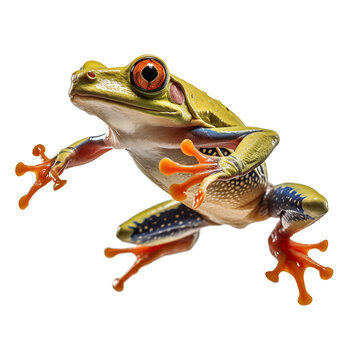 A leaping red eyed tree frog, green frog jumping isolated on transparent background