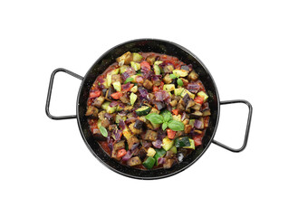Delicious ratatouille in baking dish isolated on white, top view