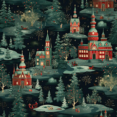 Fototapeta premium landscape with christmas tree russian pattern seamless wall paper graphic
