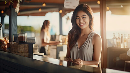 smiling asian woman standing at the bar of  a beach restaurant having  happy hours drinks