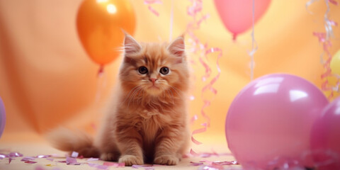 Fototapeta na wymiar Orange kitten on a festive background