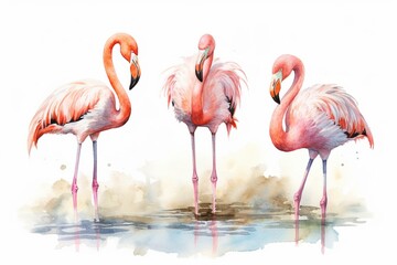 Watercolor depiction of three pink flamingos standing in water. Generative AI