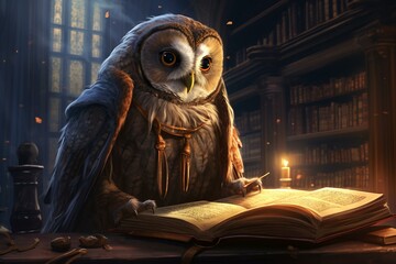 old owl reading book in library, illustration. Generative AI