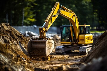 Image of excavation machine digging a trench at a construction site. Generative AI