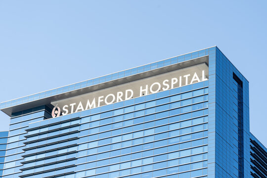 Stamford Hospital in Hospital Plaza, Stamford, Connecticut, United States, on November 7, 2023.  Stamford Hospital is a not-for-profit hospital and the central facility for Stamford Health.