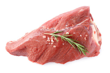 Piece of raw beef meat with spices and rosemary isolated on white, top view