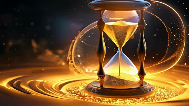 A golden hourglass glows brilliantly as its sand swirls endlessly as if a thousand tiny stars were contained within its depths. In the presence of this mysterious artifact time seems