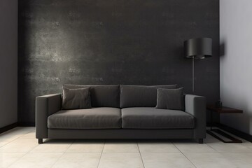 A modern, simple living room with a dark sofa against a blank wall. Generative AI