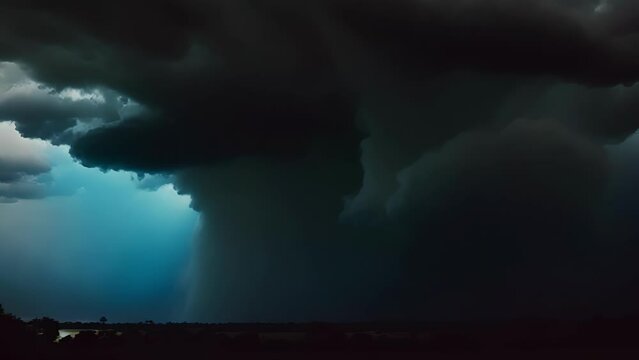 Closeup storm front approaching, with dark clouds racing towards viewer creating sense impending danger.