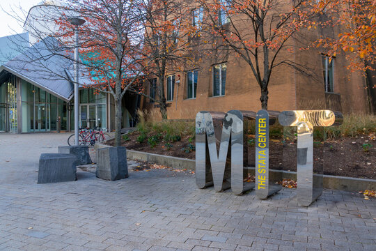 Metal MIT (Massachusetts Institute of Technology) sign in front of Stata Center on the campus in Cambridge, MA, USA, on November 11, 2023. MIT is a private land-grant research university. 