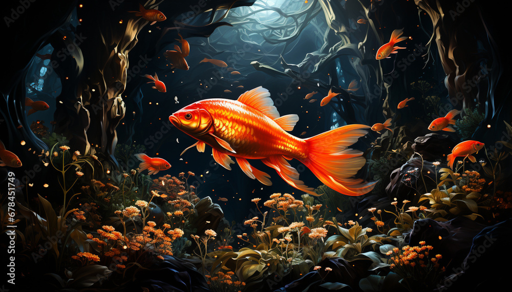 Sticker colorful fish swimming in a vibrant underwater world generated by ai