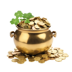 A shining golden pot filled with coins and shamrock leaves on top isolated