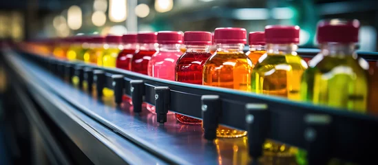 Foto op Plexiglas A drink production line with bottled juice. © maniacvector