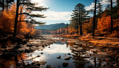 Tranquil autumn landscape mountains, trees, water, and vibrant colors generated by AI