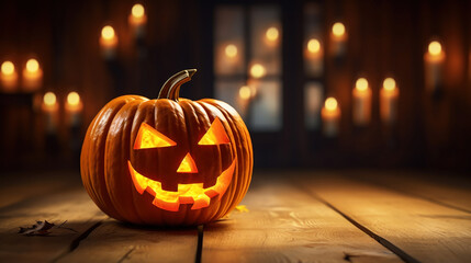 Carved Halloween pumpkin displayed on wood flooring.