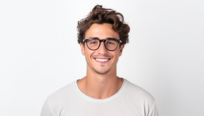 Fototapeta premium Portrait of young happy man with dioptric glasses. Reading glasses, Prescription glasses, Skin care beauty, Skincare cosmetics, Dental concept. On white background. 