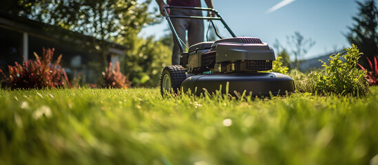 A gardener cuts the grass in a backyard. - obrazy, fototapety, plakaty