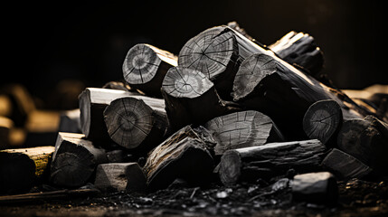 Firewood - black and white - monochrome - black background 