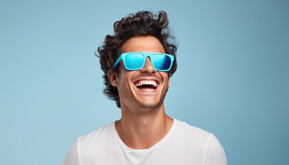 Portrait of young happy man with sunglasses. Skin care beauty, Skincare cosmetics, Dental concept. On light blue background. 