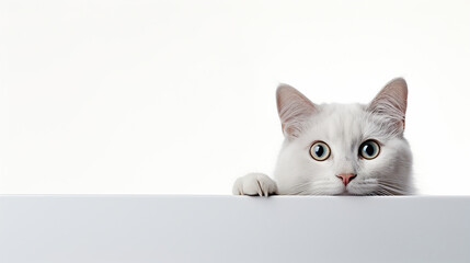 A playful cat peeking from behind a white surface.