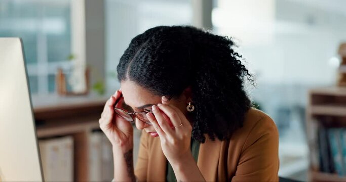 Frustrated woman, headache and mistake in stress, overworked or anxiety on computer at office. Female person in burnout, mental health or pressure for project deadline, problem or fail at workplace