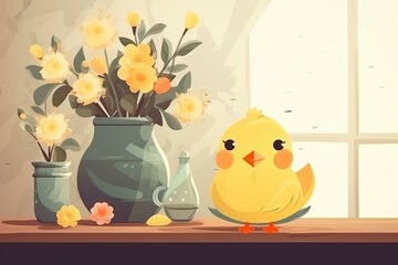 Table background with cute yellow chick on vase postcard cartoon. Generative AI