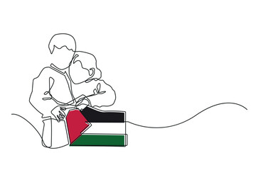 free palestine banner design.continuous line free palestine.single line of child crying and carrying palestine flag.humanitarian solidarity for palestine