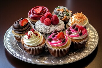 A plate of assorted cupcakes adorned with various toppings. Generative AI