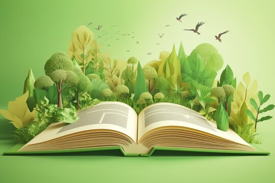 Open book with green nature illustration, representing the concept of environment and the growth of nature as a celebration of national reading day. Generative AI