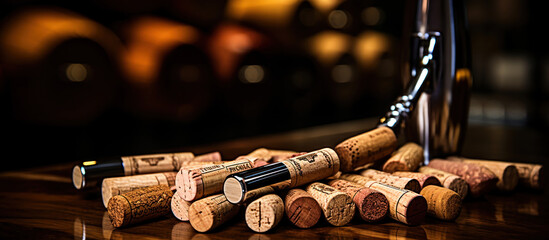 Opened wine corks lie beside their sleek opener, a union of tools and purpose. - obrazy, fototapety, plakaty