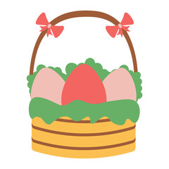 Easter egg baskets illustration. Baskets with colored eggs, grass, and rabbit. Vector illustration.