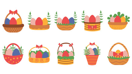 Set of easter egg baskets illustration. Baskets with colored eggs, grass, and rabbit. Vector illustration.