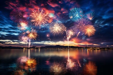 A vibrant sky with colorful fireworks. Generative AI