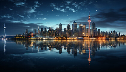 Fototapeta na wymiar City skyline reflects in water, illuminating famous modern architecture at dusk generated by AI