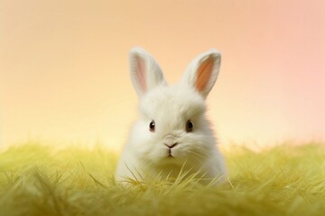 White rabbit on green grass, White rabbit bunny, a fluffy white bunny with long ears, nestled in soft green grass