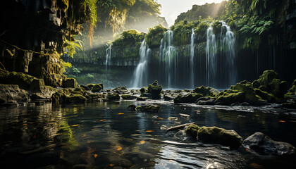 Tranquil scene flowing water, green trees, reflecting the beauty generated by AI