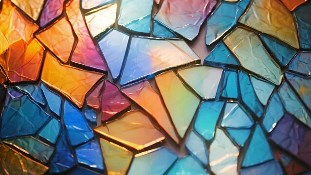 A stained glass background bathed in warm sunlight creates vibrant and dynamic shadows, adding an artistic and whimsical touch to product presentations. The variation in colors and textures
