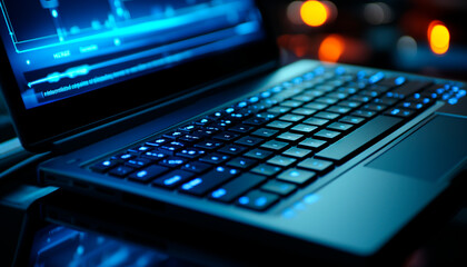 Modern laptop keyboard illuminated with blue light, working in dark office generated by AI